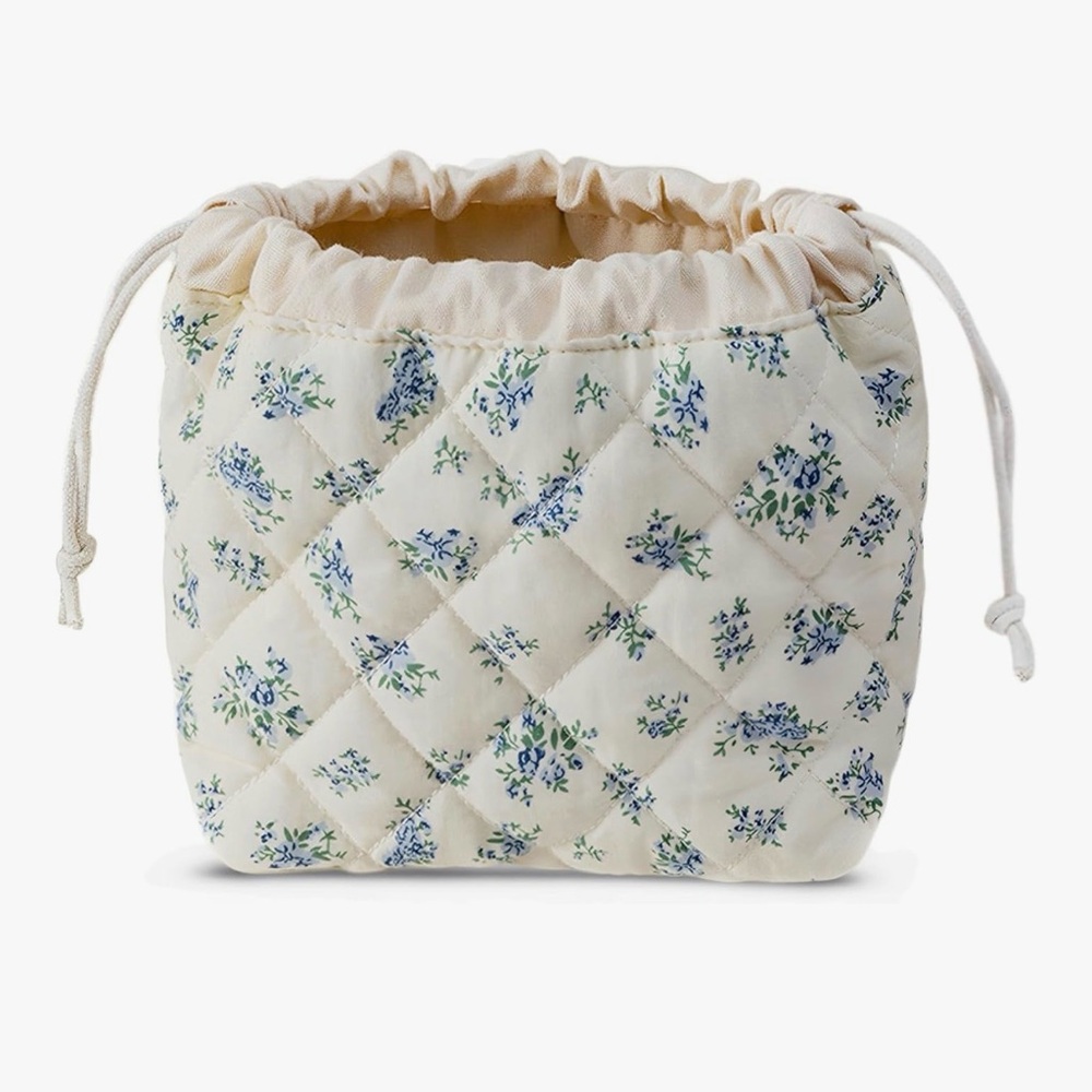 NEW Large Floral Quilted Cotton Drawstring Makeup Bag